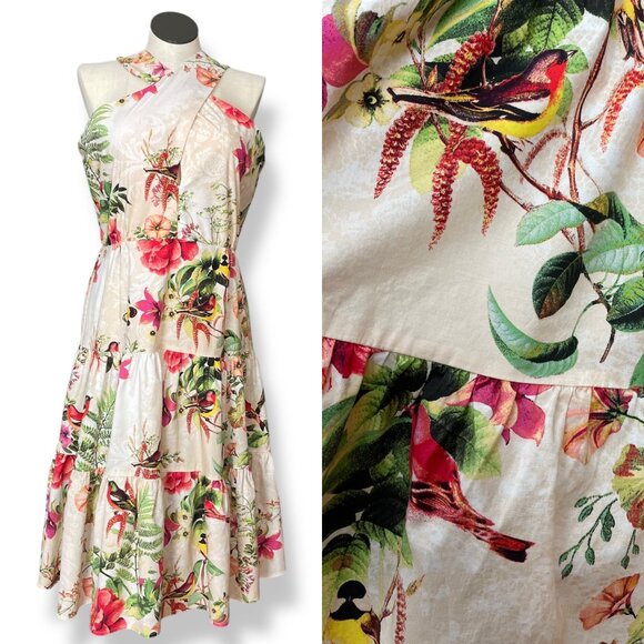 Melonie T‎ Dress Retro Floral Birds Cut Out NO BELT Neckline Cross Neck Size 16 - Picture 1 of 12